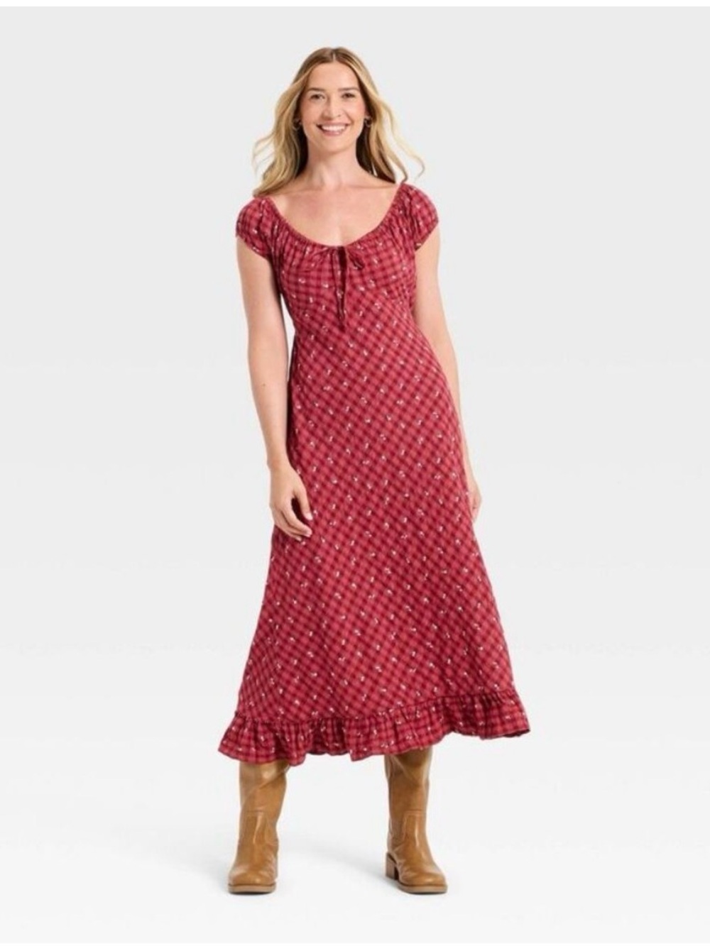 Universal Thread Red Floral Midi Dress with Ruffle Hem